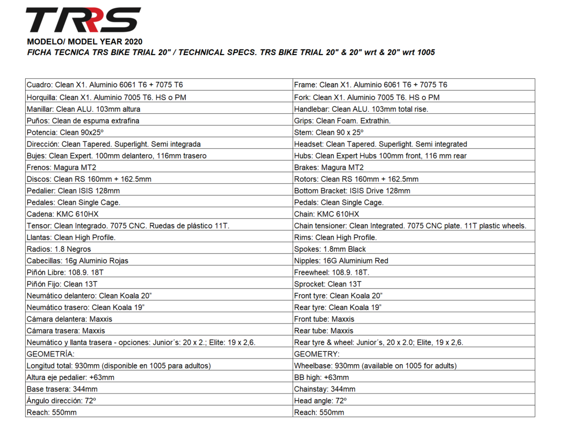 Data Sheet TRS BIKE TRIAL 20” & 20” WRT 2020